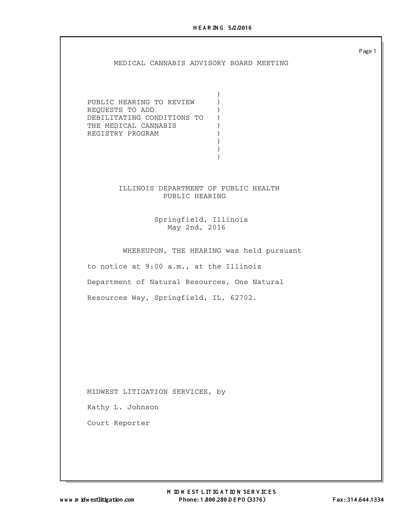 Front page of the official May 2, 2016 Illinois Medical Cannabis Advisory Board hearing transcript.