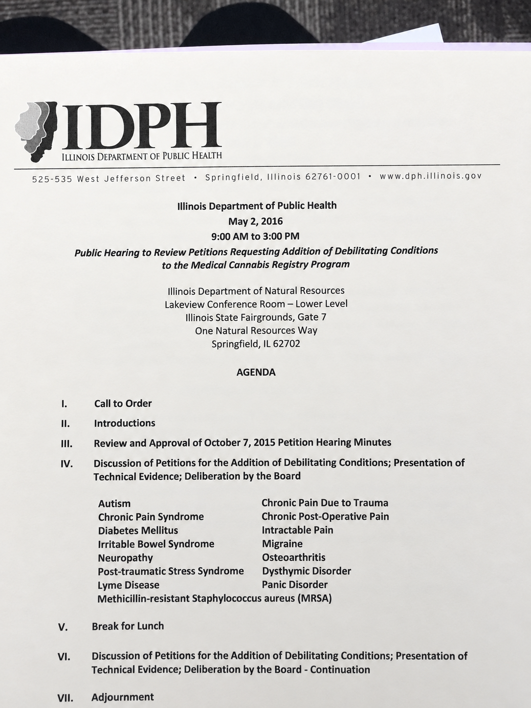 Agenda for the May 2, 2016 Illinois medical cannabis petition hearing in Springfield.