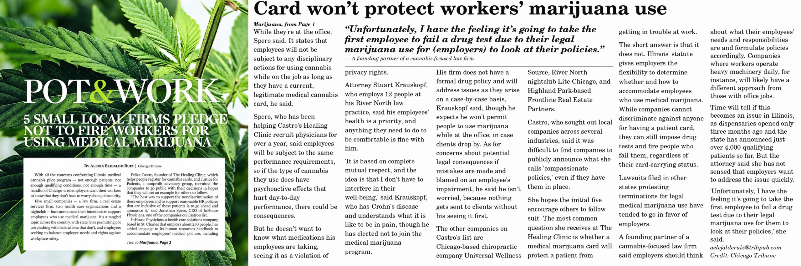 Pot and Work newspaper clipping featuring Feliza Castro and The Healing Clinic.