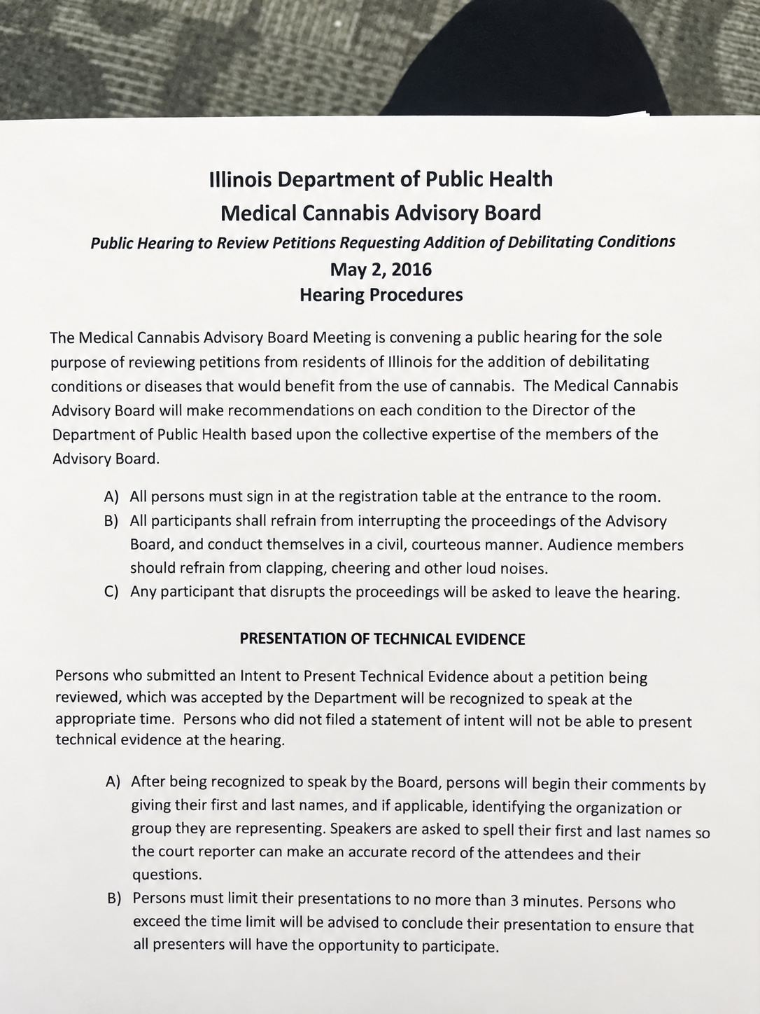 May 2, 2016 hearing procedures, including the three-minute speaking limit.