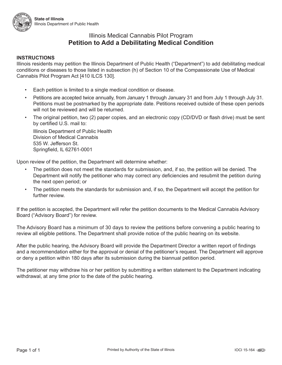 First page of the historical Illinois Petition to Add a Debilitating Medical Condition.