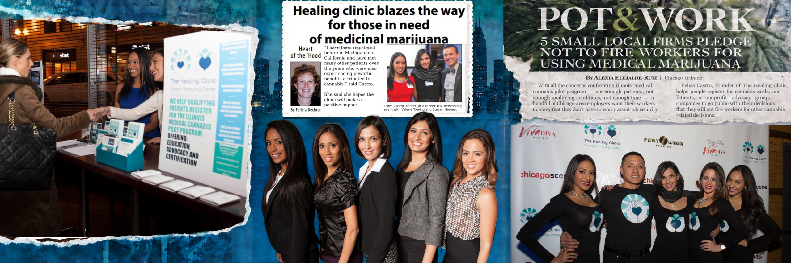 Feliza Castro and The Healing Clinic team at patient advocacy events, alongside newspaper coverage of their work in Illinois.