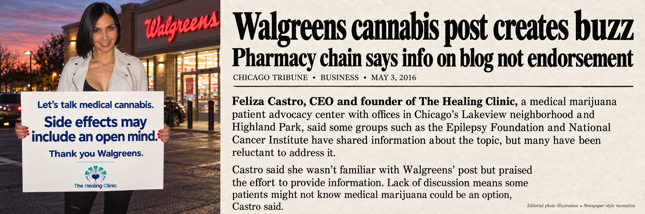Feliza Castro holding a medical cannabis advocacy sign outside Walgreens, beside a newspaper-style recreation of Chicago Tribune coverage.